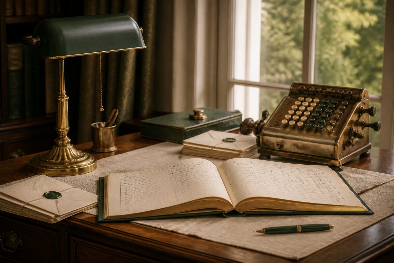 A green ledger open on an oak desk with a brass adding machine, banker's lamp, and wax-sealed envelopes.