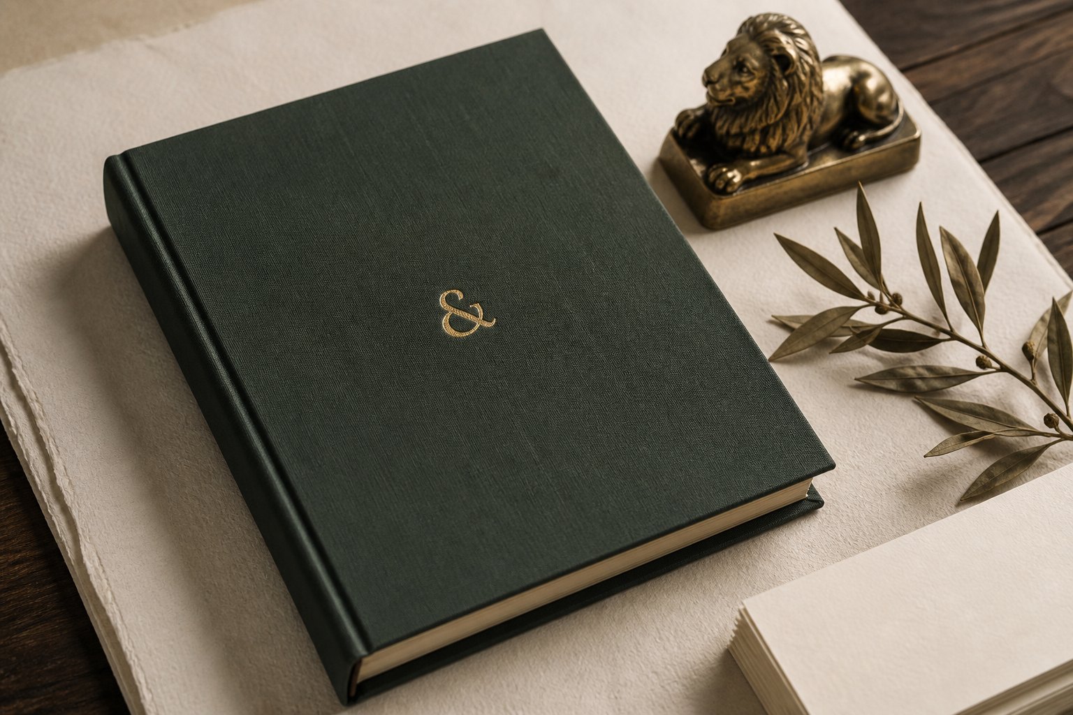 A forest-green cloth ledger stamped with a gold ampersand.