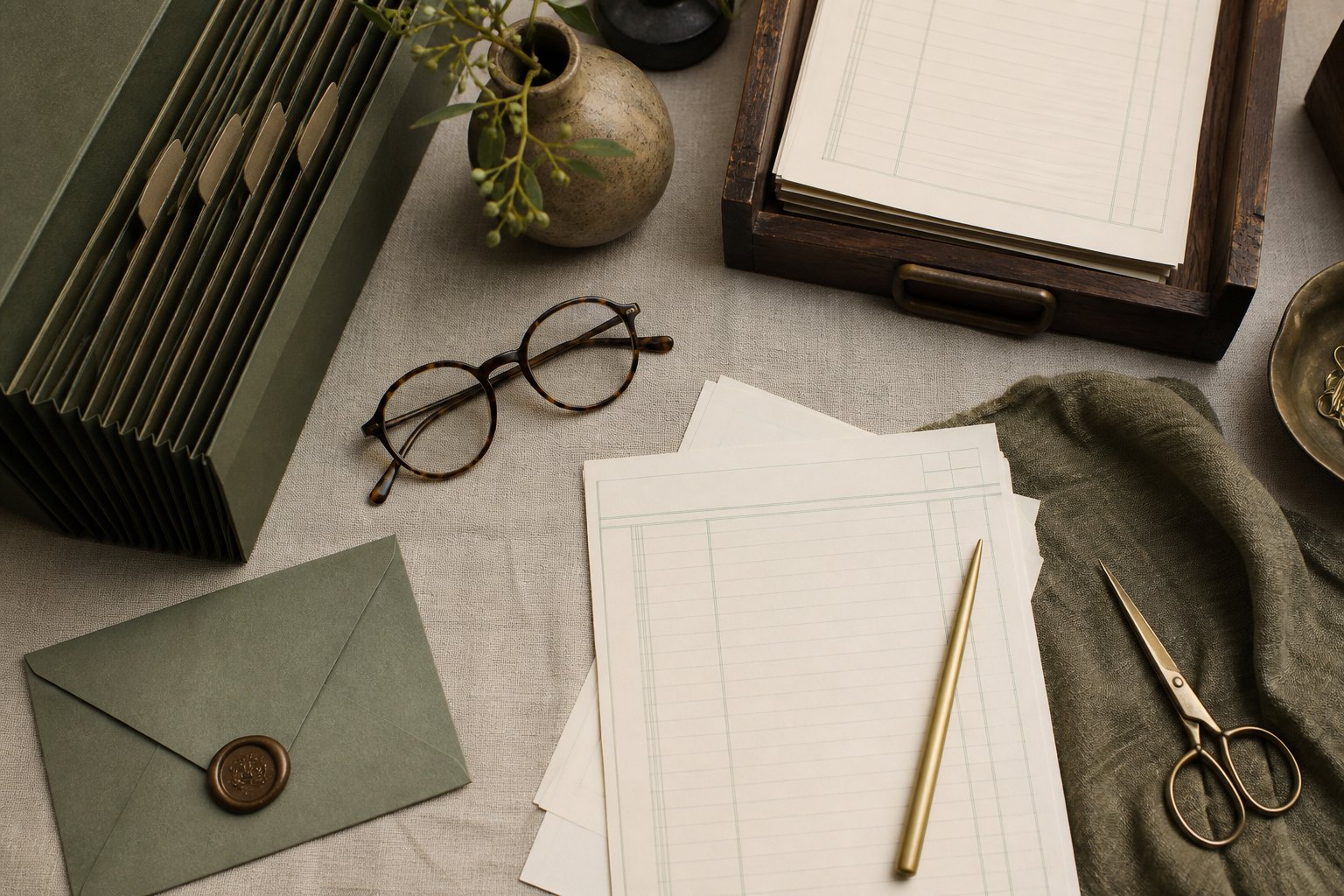 Invoices, a green folder, glasses, and a wax-sealed envelope on linen.