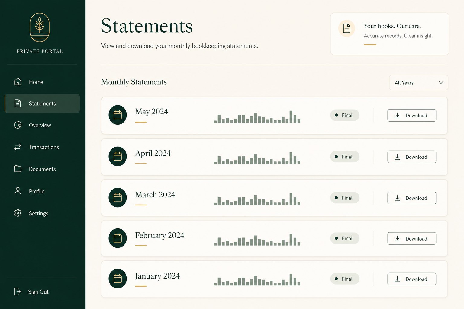 The Ledger and Co private portal, statements listed by month.